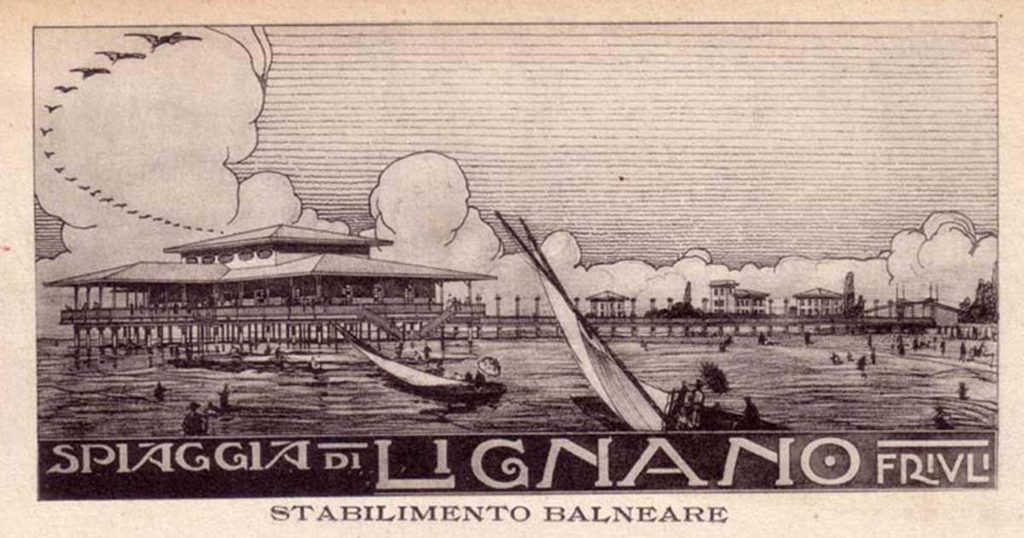 Incisione d'epoca dello stabilimento balneare di Lignano Sabbiadoro su cartolina d'inizio Novecento