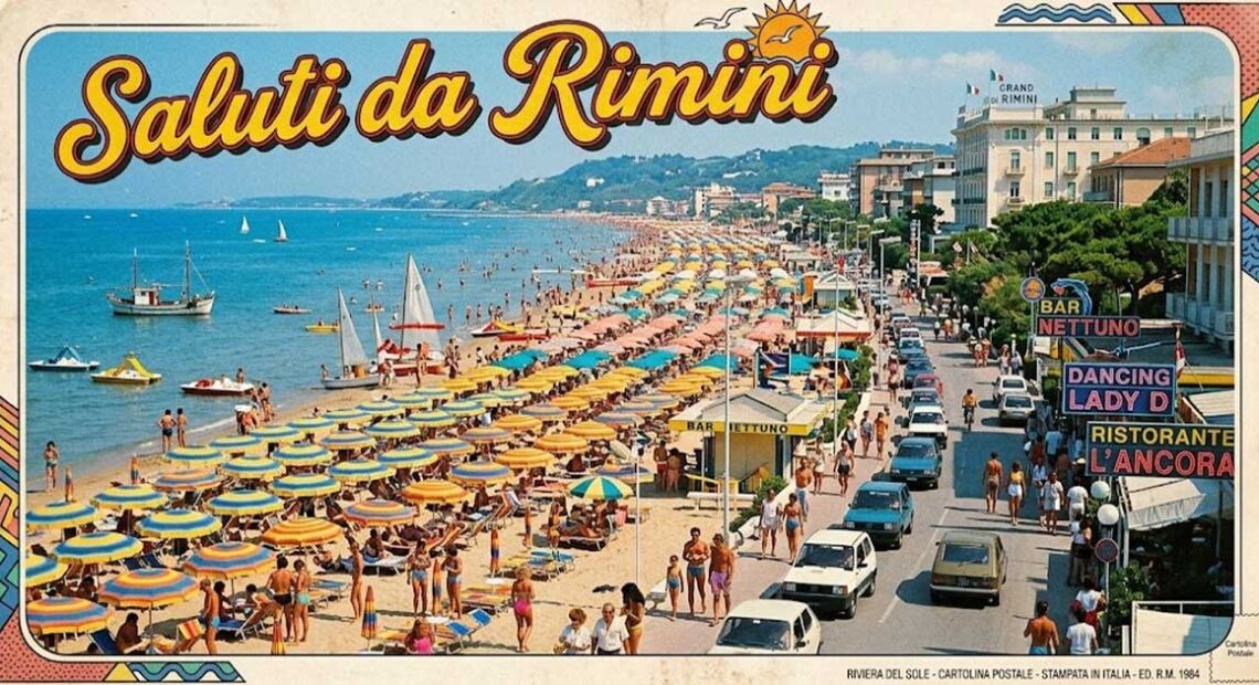 Cartolina d'epoca a colori con la scritta Saluti da Rimini e spiaggia affollata di ombrelloni