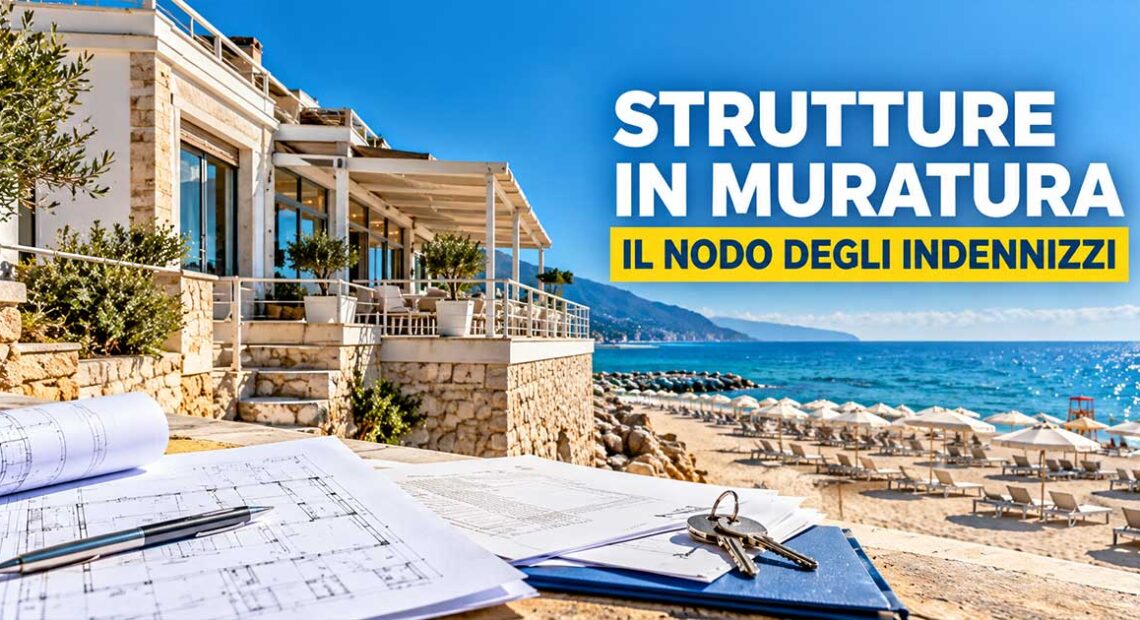 Progetto architettonico con chiavi in primo piano e struttura in muratura sul mare di uno stabilimento balneare pertinenziale