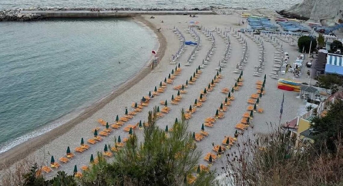 Vista dall'alto di una spiaggia attrezzata con ombrelloni ad Ancona sotto la falesia del Conero