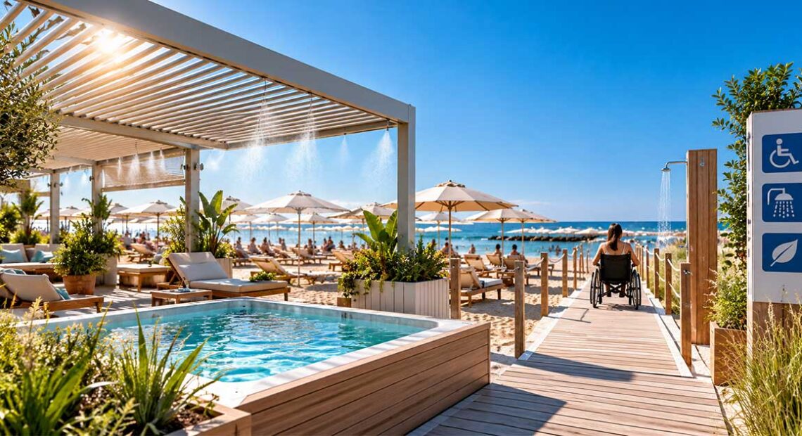 Stabilimento balneare a Fiumicino con pergole bioclimatiche e strutture ombreggianti