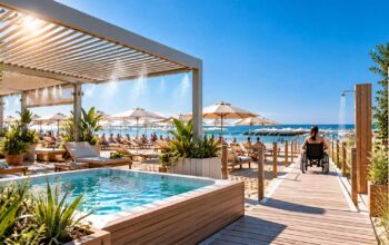 Stabilimento balneare a Fiumicino con pergole bioclimatiche e strutture ombreggianti