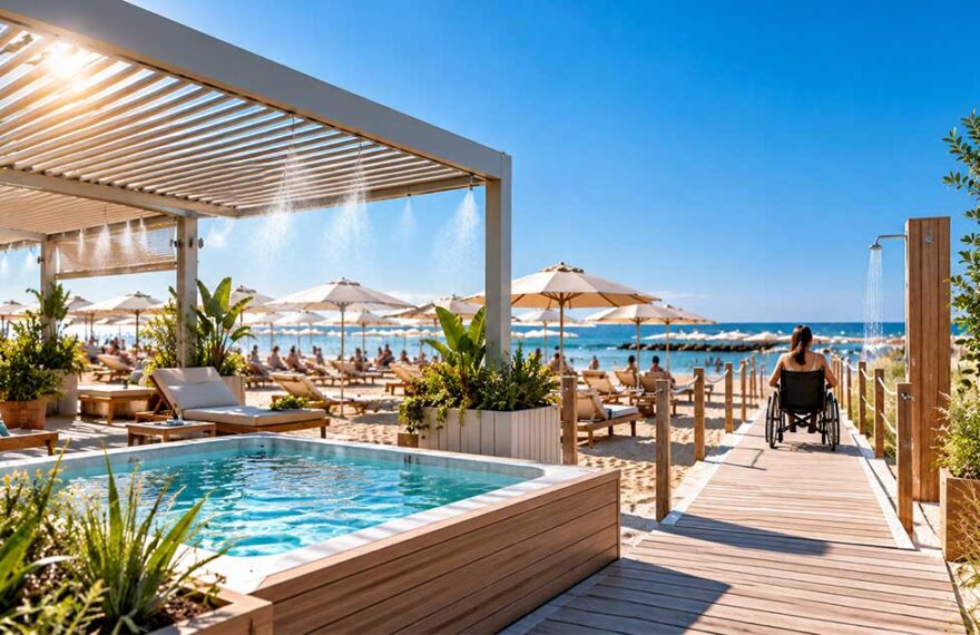Stabilimento balneare a Fiumicino con pergole bioclimatiche e strutture ombreggianti