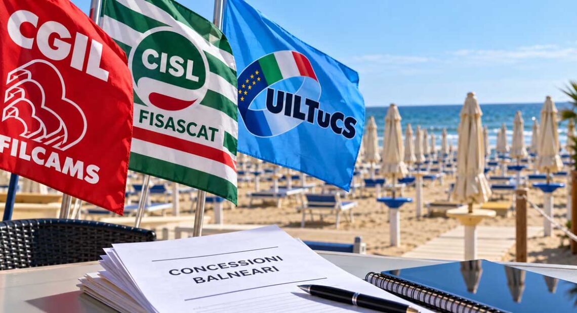 Bandiere sindacali di Filcams Cgil, Fisascat Cisl e Uiltucs in spiaggia con documento su gare balneari Comacchio.