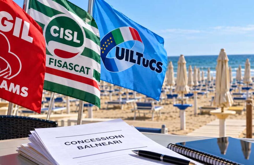 Bandiere sindacali di Filcams Cgil, Fisascat Cisl e Uiltucs in spiaggia con documento su gare balneari Comacchio.