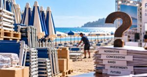Attrezzature balneari stoccate e faldoni su normative e concessioni per l'impatto dell'incertezza sulla filiera