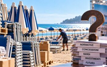 Attrezzature balneari stoccate e faldoni su normative e concessioni per l'impatto dell'incertezza sulla filiera