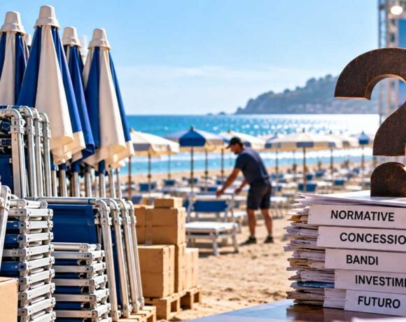 Attrezzature balneari stoccate e faldoni su normative e concessioni per l'impatto dell'incertezza sulla filiera