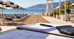 Calcolatrice, penna e documenti di progetto su un tavolo in primo piano con uno stabilimento balneare e ombrelloni sullo sfondo per il calcolo degli indennizzi dei beni ammortizzati