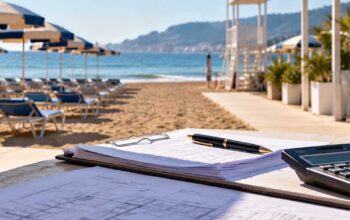 Calcolatrice, penna e documenti di progetto su un tavolo in primo piano con uno stabilimento balneare e ombrelloni sullo sfondo per il calcolo degli indennizzi dei beni ammortizzati