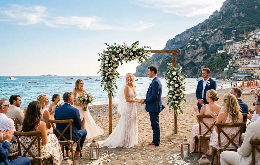 Cerimonia di matrimonio in spiaggia sulla sabbia con arco floreale e invitati al mare