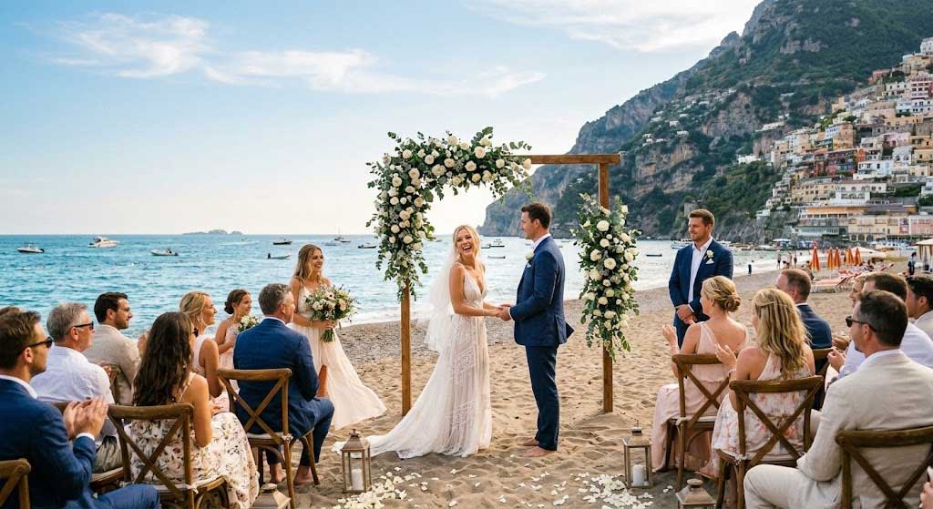Cerimonia di matrimonio in spiaggia sulla sabbia con arco floreale e invitati al mare