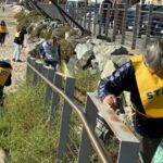 Volontari in gilet giallo impegnati nella pulizia dei rifiuti lungo la passeggiata e la spiaggia di Savona.