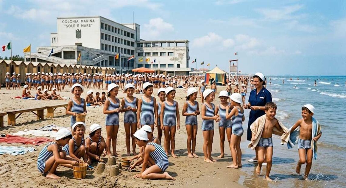 Bambini in costume da bagno giocano sulla spiaggia davanti all'edificio della colonia marina Sole e Mare