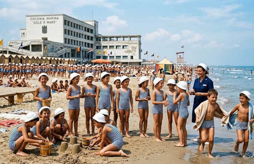 Bambini in costume da bagno giocano sulla spiaggia davanti all'edificio della colonia marina Sole e Mare