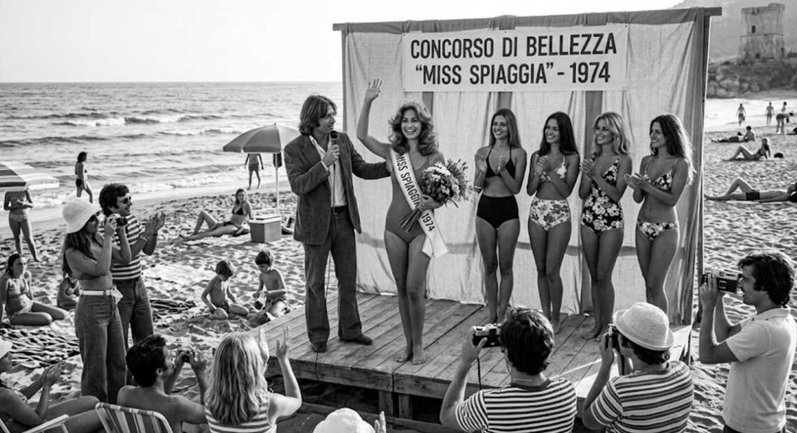 Fotografia d'epoca in bianco e nero con le concorrenti del concorso Miss Spiaggia 1974 sulla sabbia
