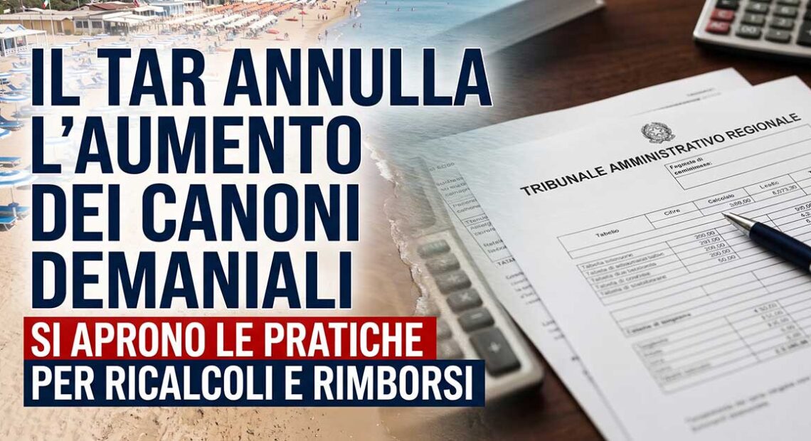 Grafica con testo che annuncia l'annullamento dell'aumento dei canoni demaniali da parte del Tar e l'avvio dei rimborsi