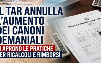 Grafica con testo che annuncia l'annullamento dell'aumento dei canoni demaniali da parte del Tar e l'avvio dei rimborsi