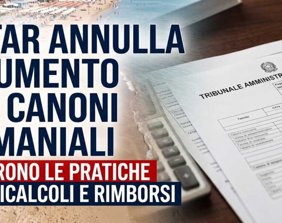 Grafica con testo che annuncia l'annullamento dell'aumento dei canoni demaniali da parte del Tar e l'avvio dei rimborsi