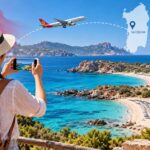 Illustrazione concettuale del viaggio dalla Cina alla Sardegna tra mare, spiagge, natura, cultura ed enogastronomia