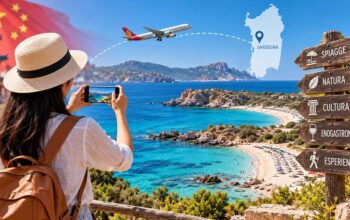 Illustrazione concettuale del viaggio dalla Cina alla Sardegna tra mare, spiagge, natura, cultura ed enogastronomia