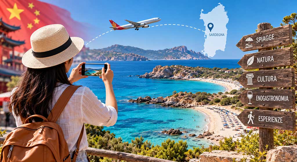 Illustrazione concettuale del viaggio dalla Cina alla Sardegna tra mare, spiagge, natura, cultura ed enogastronomia