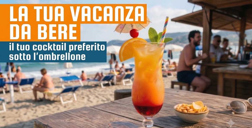cocktail-aperitivo-spiaggia-estate Un bicchiere di cocktail esotico (Tequila Sunrise) con frutta e ombrellino su un tavolo di legno in una spiaggia italiana affollata, con scritte sovrapposte "La tua vacanza da bere" e "il tuo cocktail preferito sotto l'ombrellone".