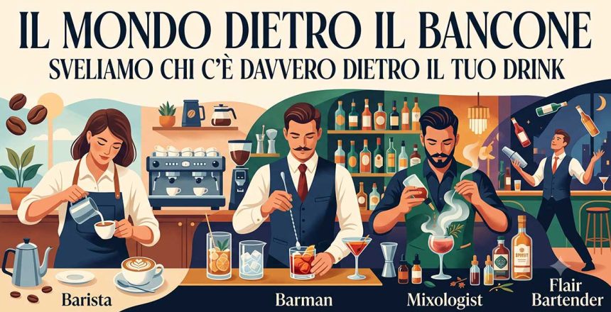 Illustrazione stilizzata che mostra la differenza tra barista barman e bartender al bancone di un bar e beach bar